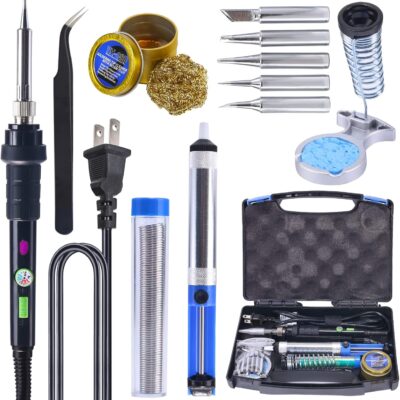YIHUA 947-III 60W Soldering Iron Kit Adjustable Temperature with Sticky Holder, Tip Cleaner, Cleaning Sponge Power Switch, Operation Indicator, Portable Soldering Kit