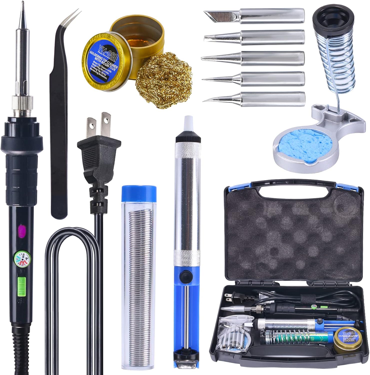 YIHUA 947-III 60W Soldering Iron Kit Adjustable Temperature with Sticky Holder, Tip Cleaner, Cleaning Sponge Power Switch, Operation Indicator, Portable Soldering Kit