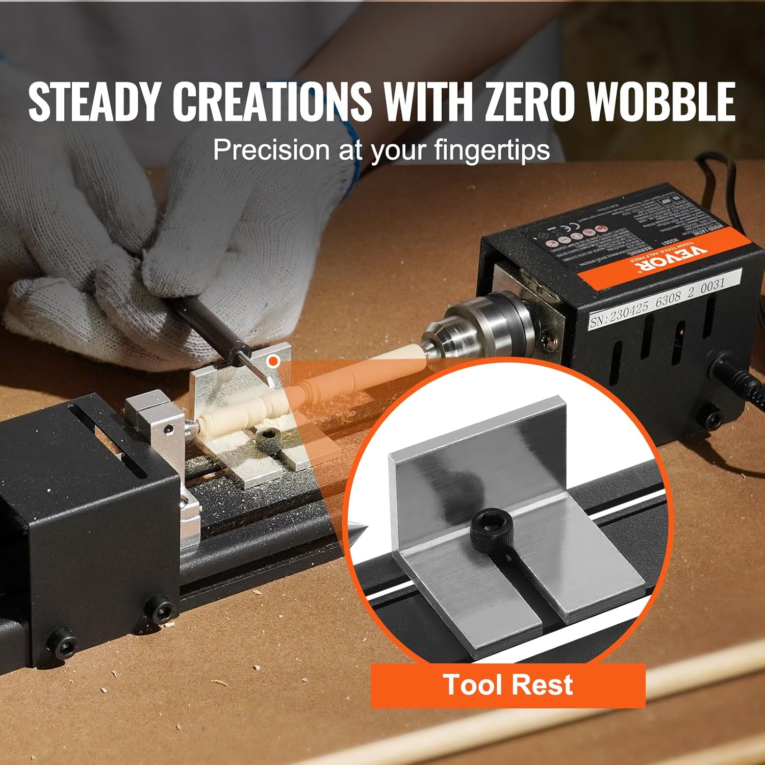 VEVOR Mini Lathe Machine, 2.76 in x 6.3 in, 24VDC 96W Mini Wood Lathe Tools Milling Machine Accessories, 7 Speeds 4220/5300/5650/6350/6660/7050/8450 RPM, for DIY Woodworking Wood Drill Rotary Tool - Image 3