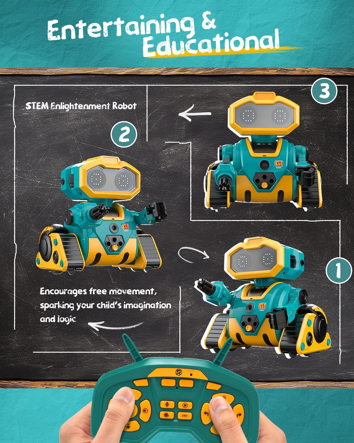 Holyton Robot Toys K103, Remote Control Robots for Kids with Editable Actions, Rechargeable, Auto-Demonstration, Dance Moves, Music, LED Eyes, Gifts for Boys and Girls - Image 3