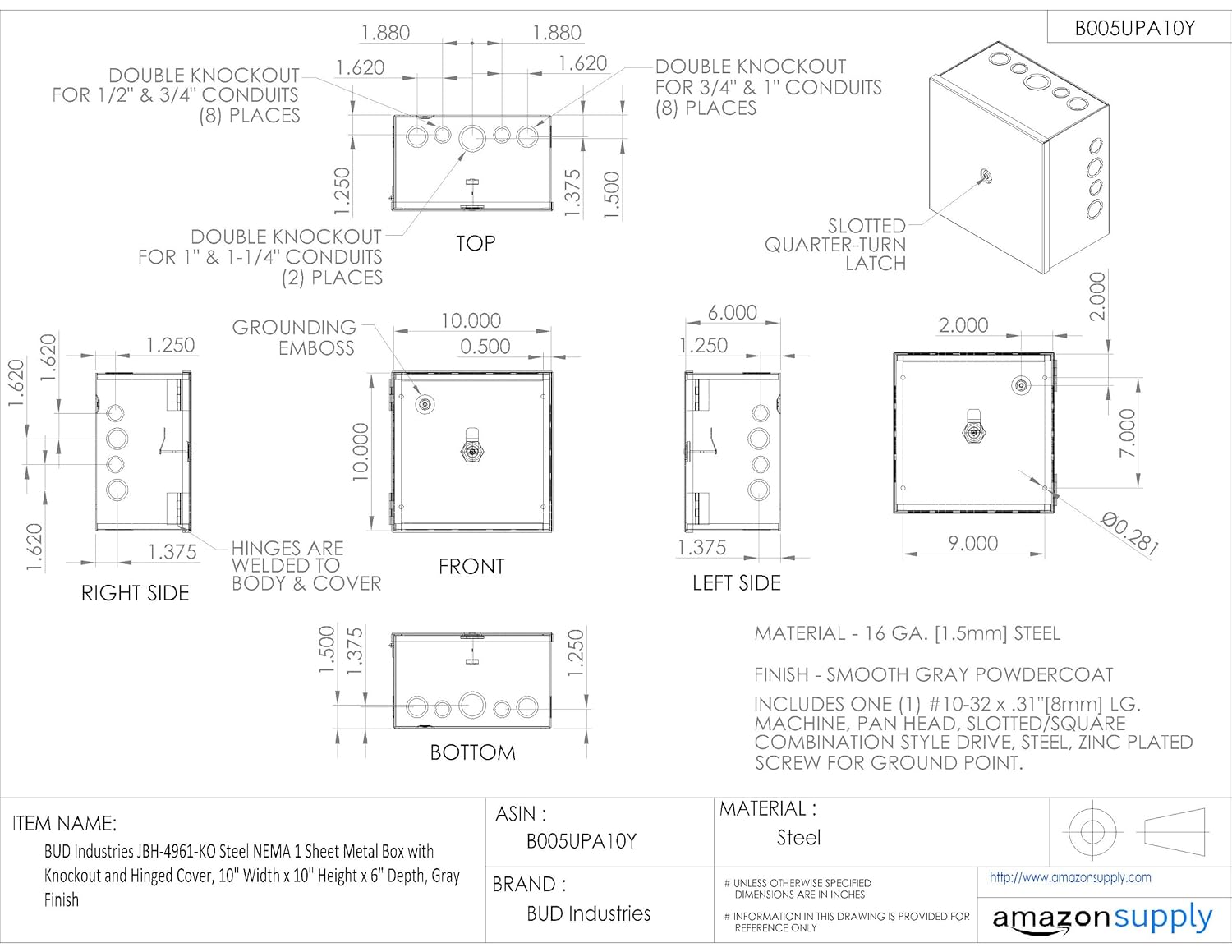 BUD Industries JBH-4961-KO Steel NEMA 1 Sheet Metal Box 6" L x 10" W x 10" H, Gray,White - Image 8