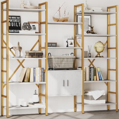 Triple 5 Tier Bookshelf, Industrial Large Bookcase with Storage Cabinet, Tall Gold Bookshelf with 14 Open Display Shelves Metal Frame Furniture for Living Room Bedroom Home Office Gold & White