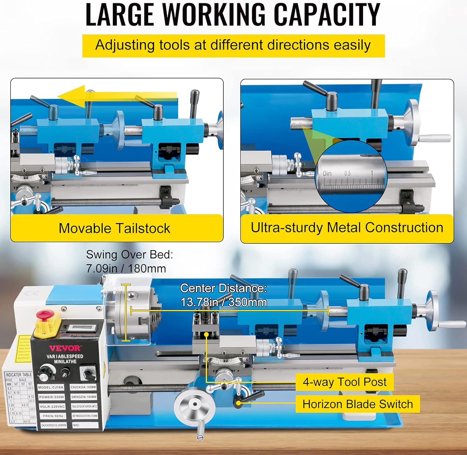 VEVOR Mini Metal Lathe, 7"x14" Benchtop Metal Lathe, 550W Variable Speed 2250RPM Metal Lathe, with 3-jaw Chuck CNC Mini Lathe Machine, Precision Mini Lathe w/Tool Box Digital Display for Metal Turning - Image 4