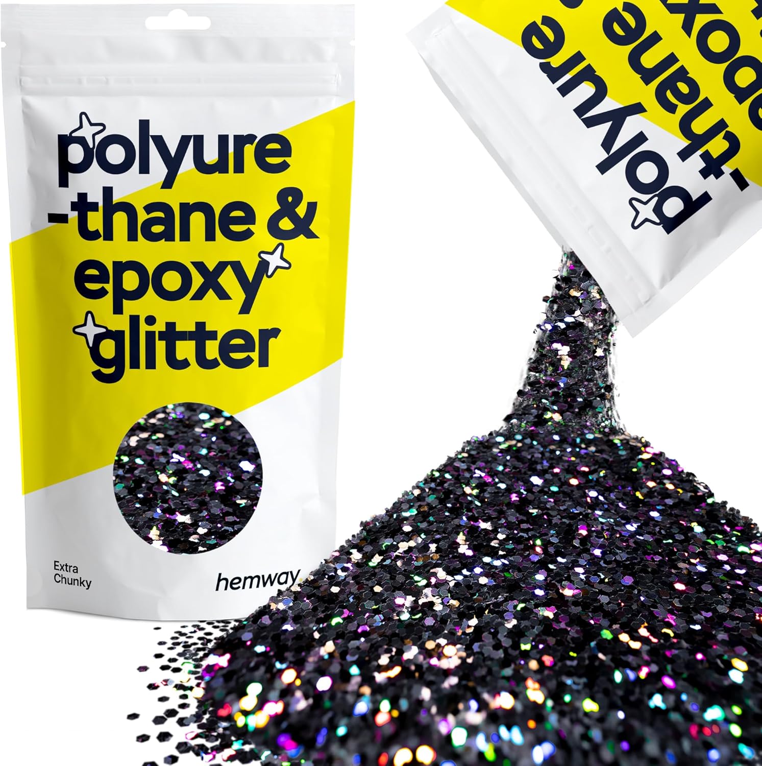 Hemway Polyurethane & Epoxy Resin Glitter 100g / 3.5oz Metallic Crystal Flake Additive for Flooring Jewelry Tumblers Glass Pigment - Extra Chunky (1/24" 0.040" 1mm) - Black Holographic