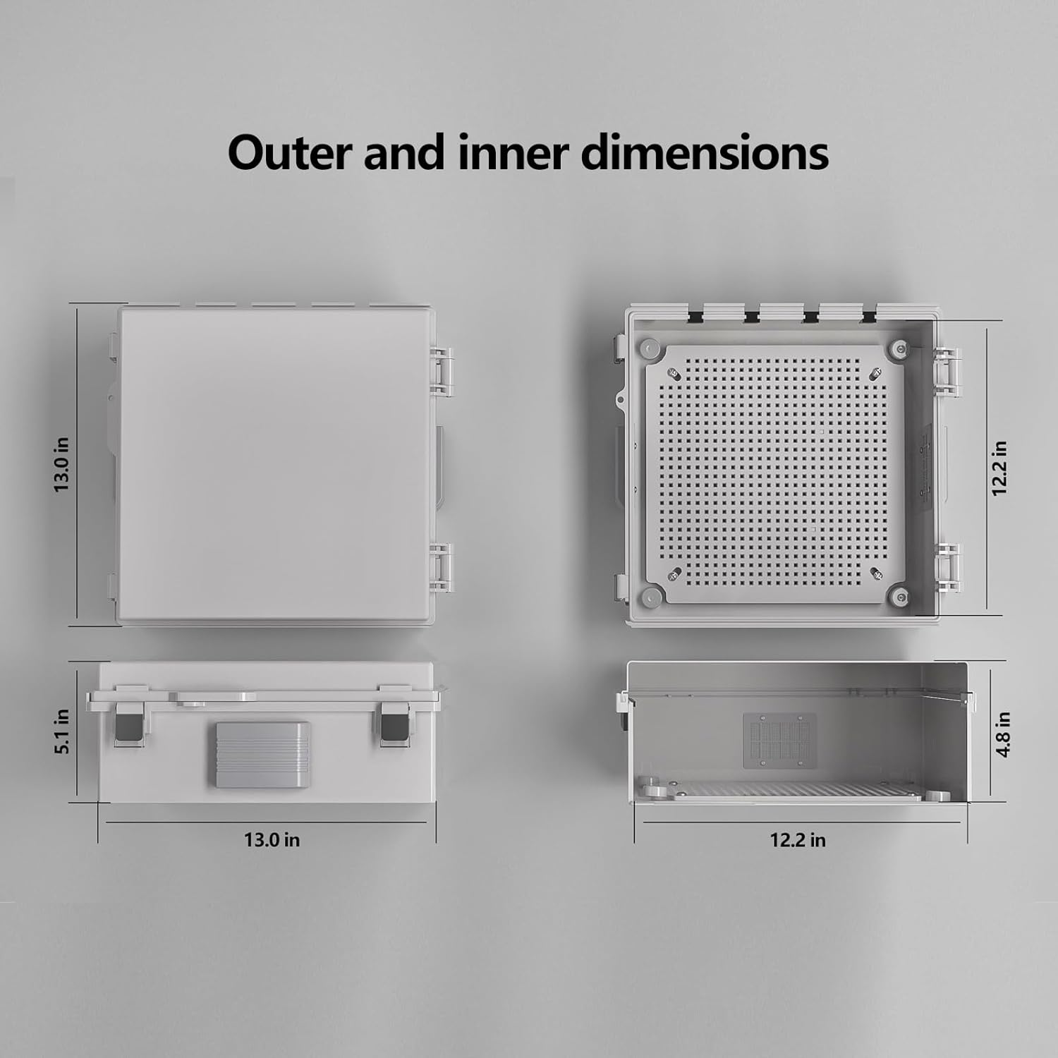 Electrical Junction Box, Ventilated Design, Cable Grommets, Indoor/Outdoor Use with Mounting Panel & Hinged Cover. Waterproof IP 65. (Grey Cover, 13"x13"x5.1") - Image 6
