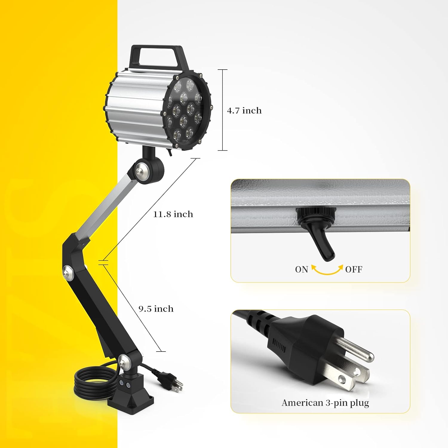 Led Waterproof Machine Work Light, Multipurpose Adjustable Angle Aluminum Alloy Long Arm for Lathe CNC Milling Drill Press and Workbench, AC 110~240V with US Plug - Image 5