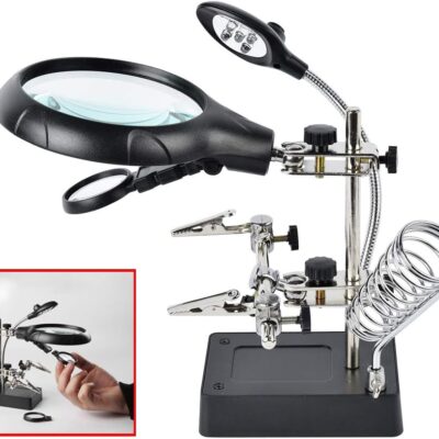 Beileshi 2.5X 7.5X 10X LED Light Helping Hands Magnifier Soldering Station,Magnifying Glass Stand with Auxiliary Clamp and Alligator Clips