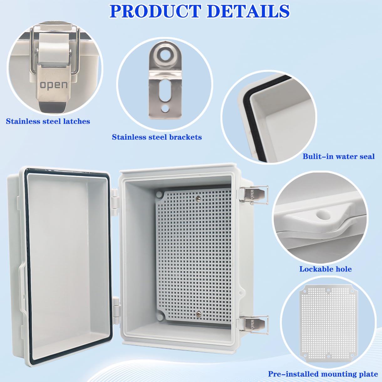 Outdoor Waterproof Electrical Box Junction Box Weatherproof IP67 ABS Plastic Enclosure Switch Router Project Box Electronics DIY Enclosure With Mounting Plate Wall Bracket Grey 8.6"x6.6"x4.3" - Image 3