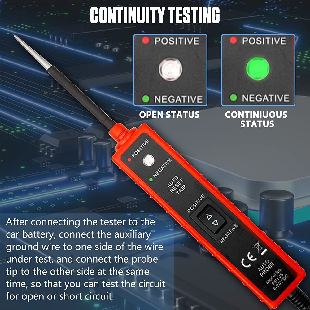 Power Circuit Probe Tester with Overload Protection and Component Activation, Polarity Identify Continuity Short Circuit Tester 6-24V with LED Test Light, Buzzer Warning,13FT Long Extension Cable - Image 5