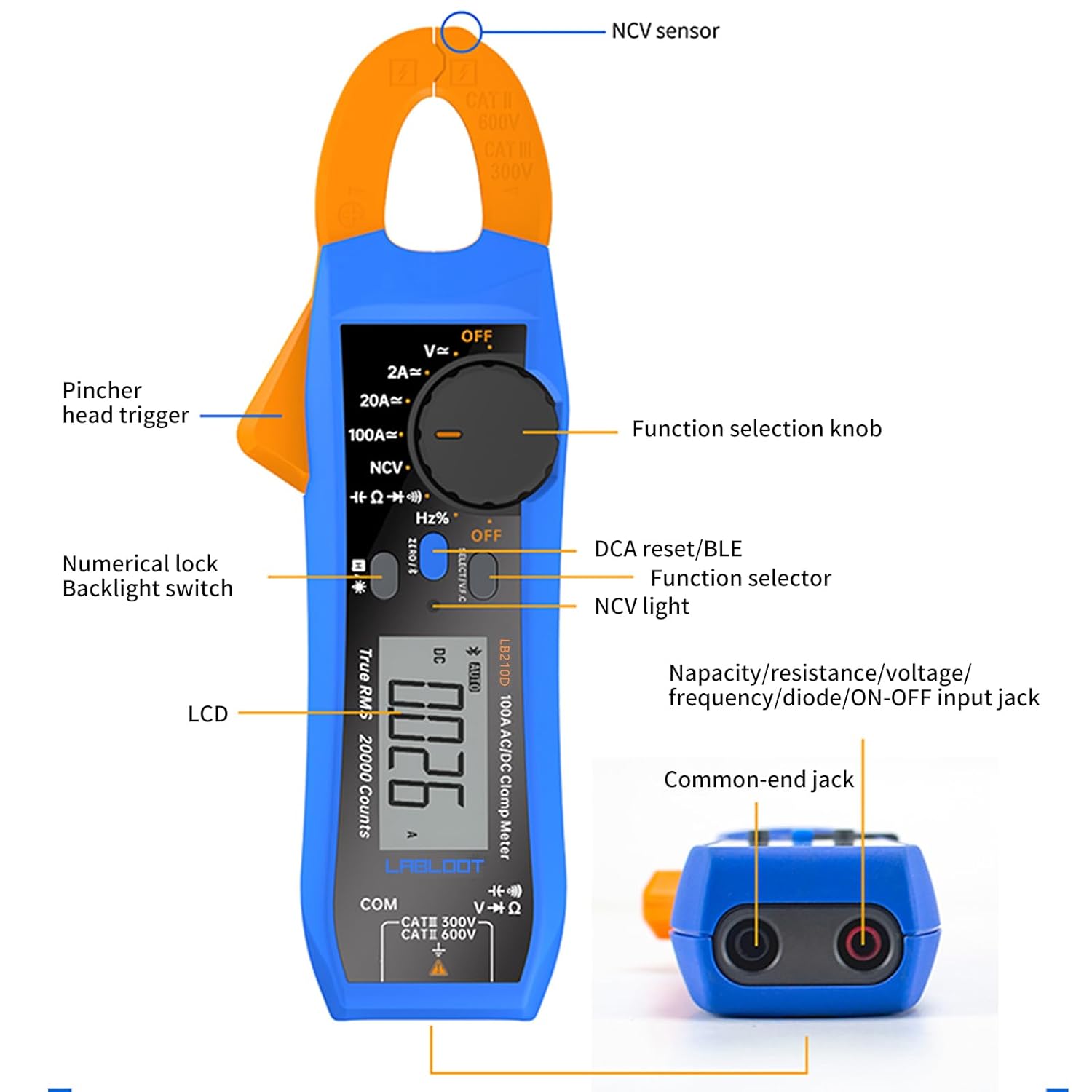 LB210D Digital Electrical Tester with Bluetooth 100Amp 600V Smart AC/DC Clamp Meter True RMS VFC diode Multimeter - Image 3