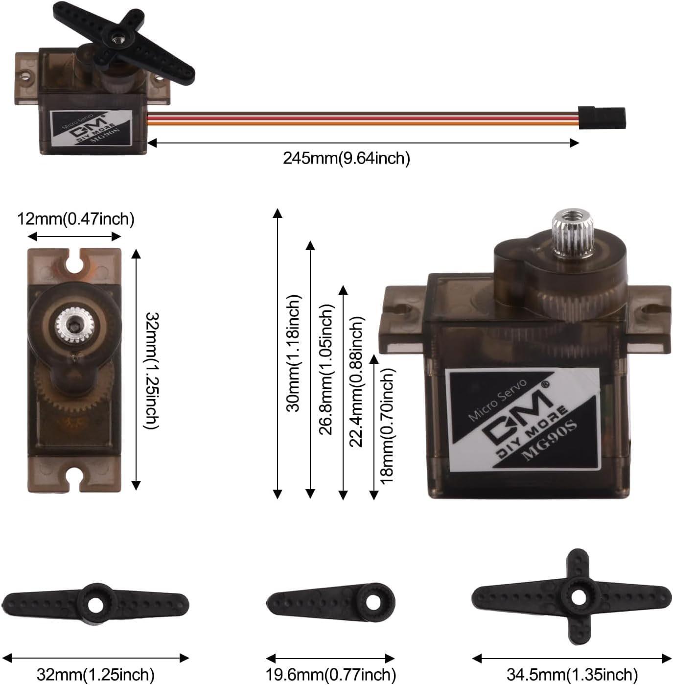 diymore 4pcs DM90S Servo Micro 180° 9 Gram Metal Gear Servo Digital Micro Servo Motor for 450 RC Helicopter Plane Boat Car (180 Rotating) - Image 4