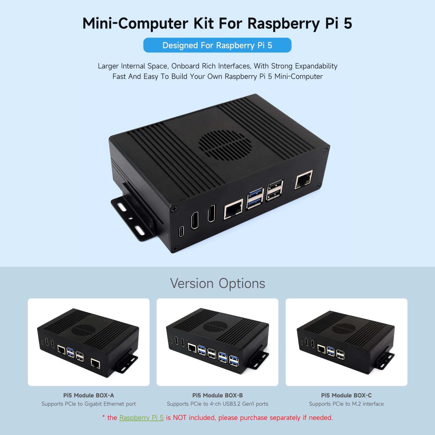 waveshare M.2 NVME PCIE Case for Raspberry Pi 5, with 2X HDMI Ports, Support 2X 4K Video Output/Efficient Cooling, Aluminum Alloy Case, with PCIe to M.2 Board, Support PCIe Extending to M.2 Interface - Image 3