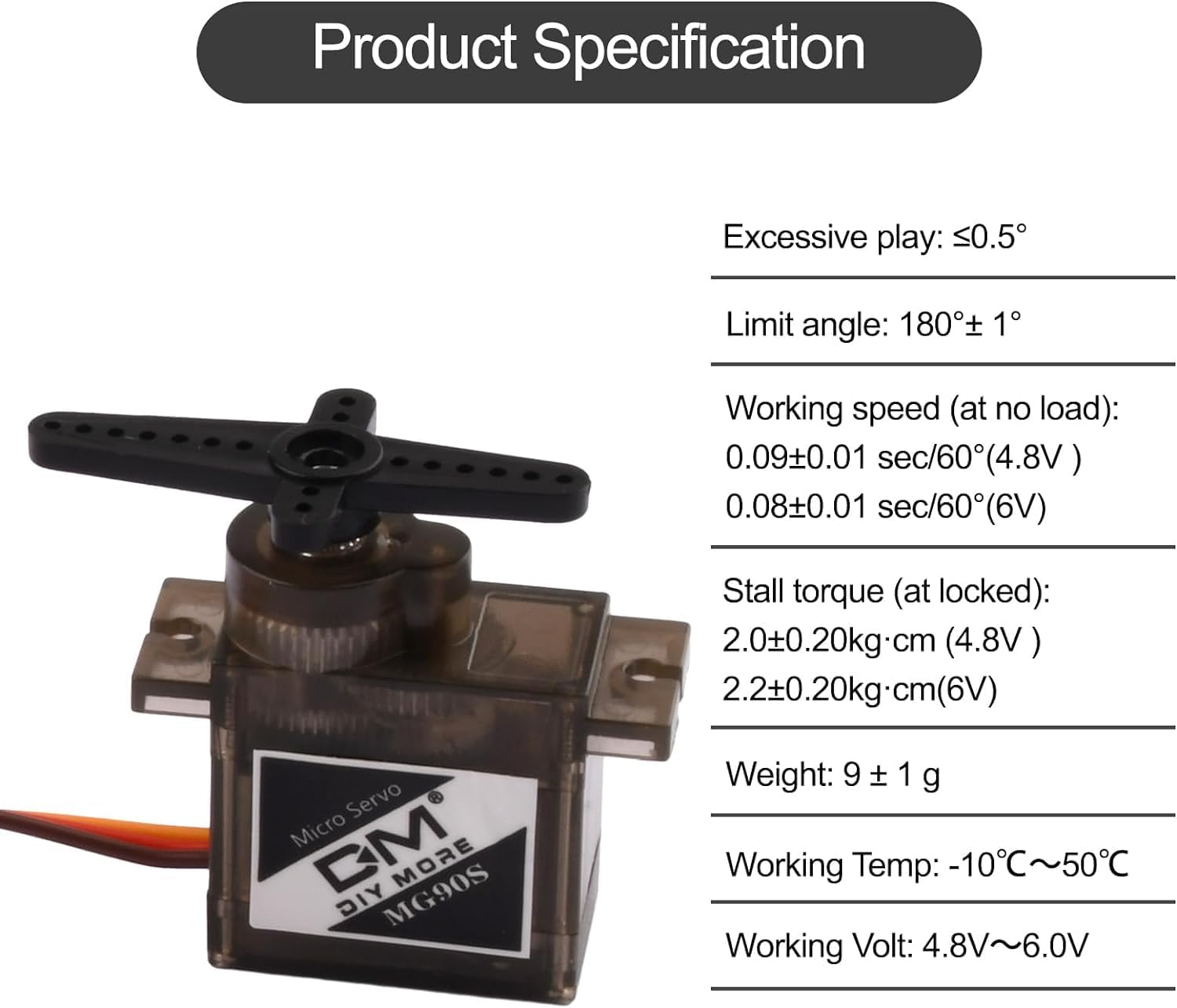 diymore 4pcs DM90S Servo Micro 180° 9 Gram Metal Gear Servo Digital Micro Servo Motor for 450 RC Helicopter Plane Boat Car (180 Rotating) - Image 5