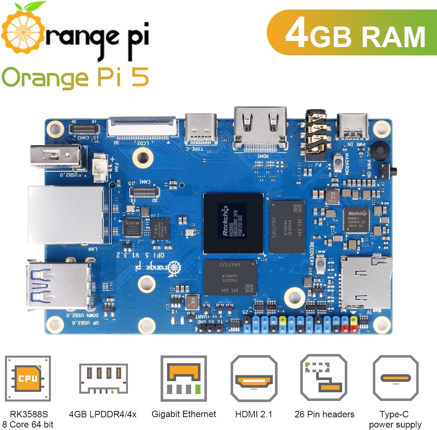 5 4GB Rockchip RK3588S 8 Core 64 Bit Single Board Computer, 2.4GHz Frequency Open Source Development Board Mini PC Desktop Run Orange Pi OS, Android12, Debian11 (Pi 5 4GB+5V4A Type C Supply) - Image 7