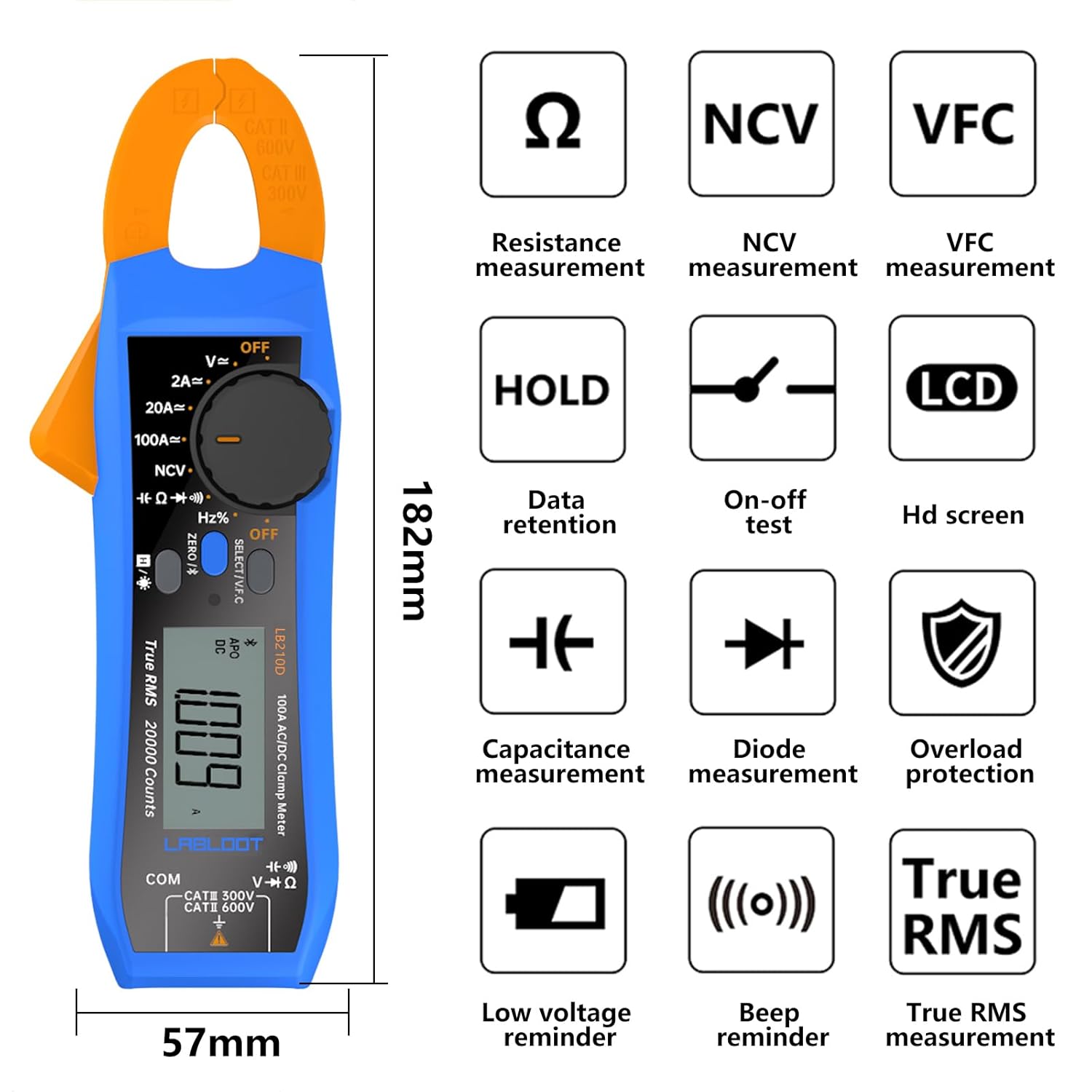 LB210D Digital Electrical Tester with Bluetooth 100Amp 600V Smart AC/DC Clamp Meter True RMS VFC diode Multimeter - Image 2