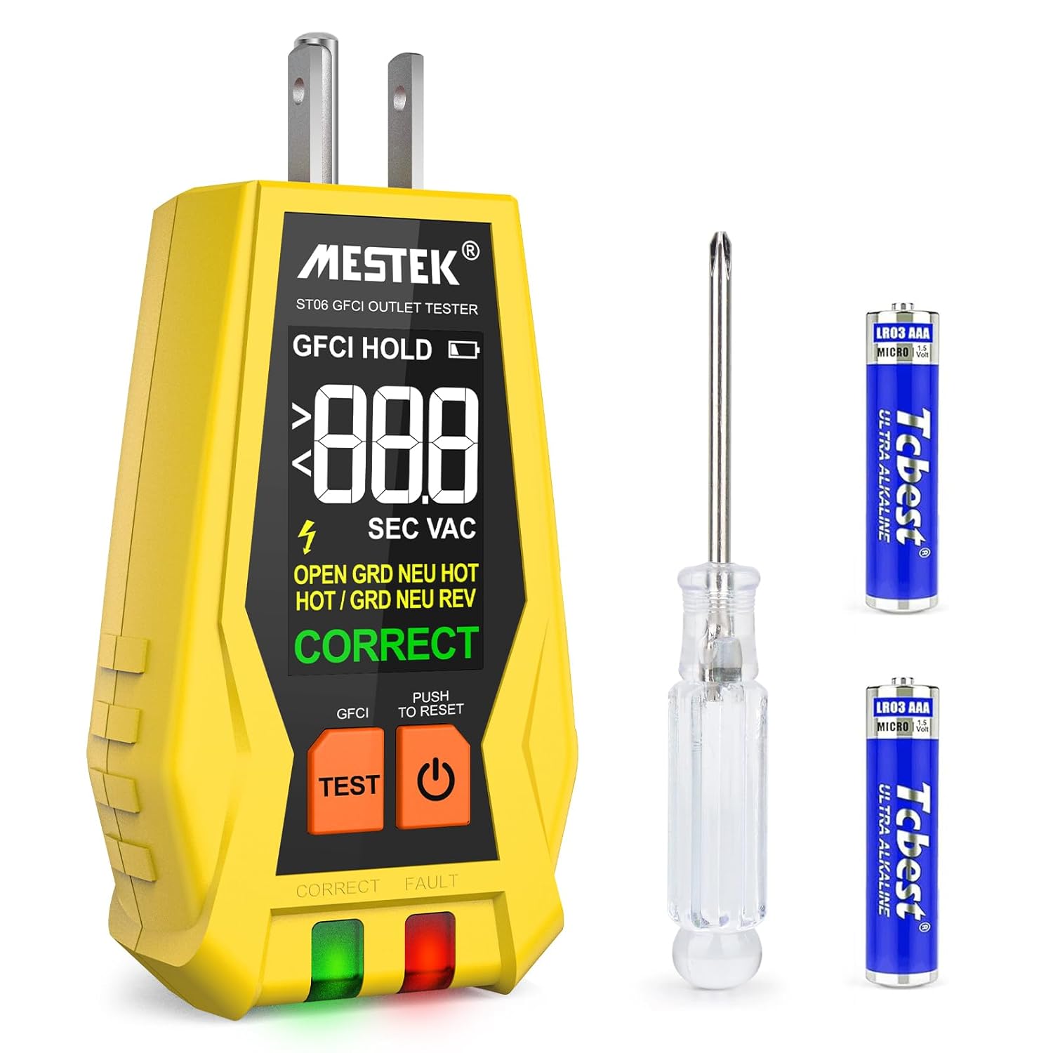 MESTEK GFCI Outlet Tester, Electrical Receptacle Tester with LCD Color Display, Digital Plug Tester Outlet Checker for Standard 3 Prong 120V Electrical Receptacles, CAT II 135V Safety Rating