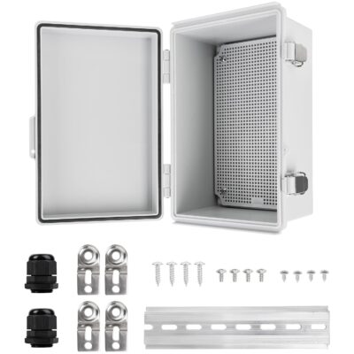 BlueStars Off-White Junction Box IP67, 11.57" x 5.67" x 9.61" Electrical Enclosure with Mounting Plate, Wall Brackets and Grey Hinged Door for Outdoor and Indoor use