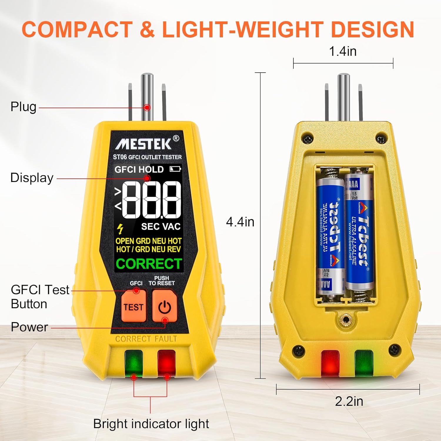 MESTEK GFCI Outlet Tester, Electrical Receptacle Tester with LCD Color Display, Digital Plug Tester Outlet Checker for Standard 3 Prong 120V Electrical Receptacles, CAT II 135V Safety Rating - Image 6