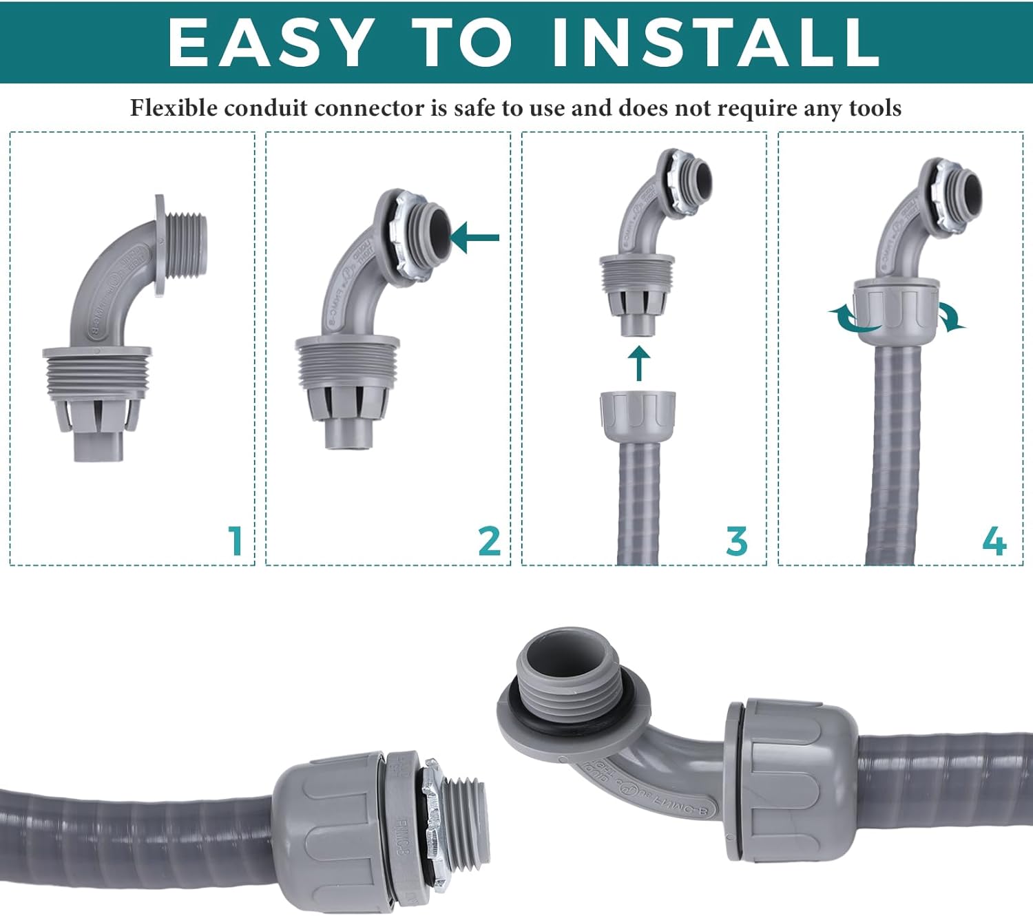 Hosuly 35 ft Electrical Liquid Tight Conduit and Connector Kit Flexible Non Metallic 1/2 Inch 35 ft Conduit 5 Angle and 7 Straight Fittings Conduit Straps - Image 4