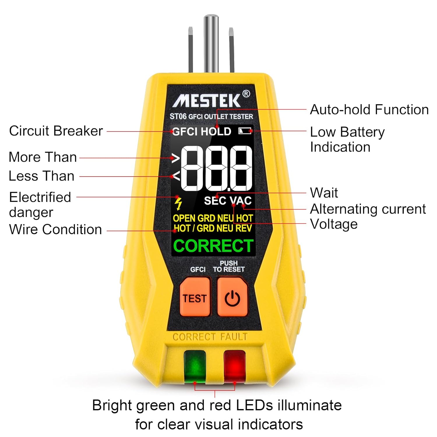MESTEK GFCI Outlet Tester, Electrical Receptacle Tester with LCD Color Display, Digital Plug Tester Outlet Checker for Standard 3 Prong 120V Electrical Receptacles, CAT II 135V Safety Rating - Image 9
