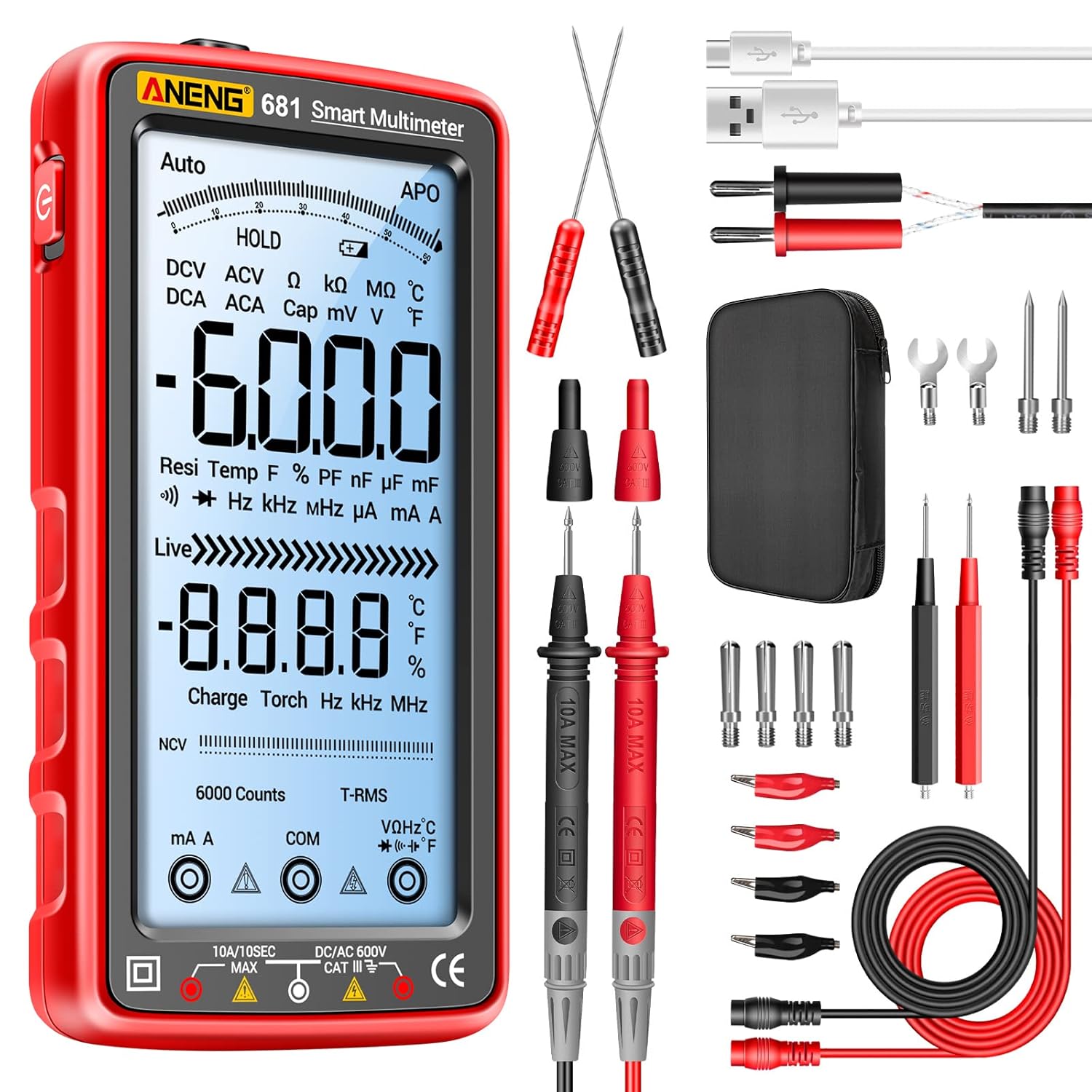 ANENG Digital Multimeter Tester Auto-Ranging TRMS 6000 Counts Voltmeter Smart Rechargeable Meter Measures AC/DC Current,NCV,Voltage,Ohm,Amp,Resistance,Diodes,Countinuity,Capacitance,Temperature