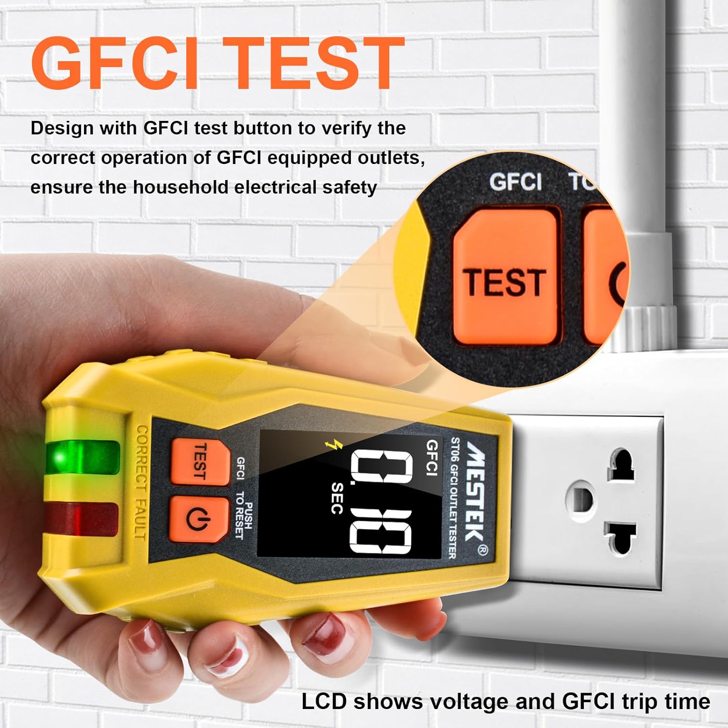 MESTEK GFCI Outlet Tester, Electrical Receptacle Tester with LCD Color Display, Digital Plug Tester Outlet Checker for Standard 3 Prong 120V Electrical Receptacles, CAT II 135V Safety Rating - Image 3