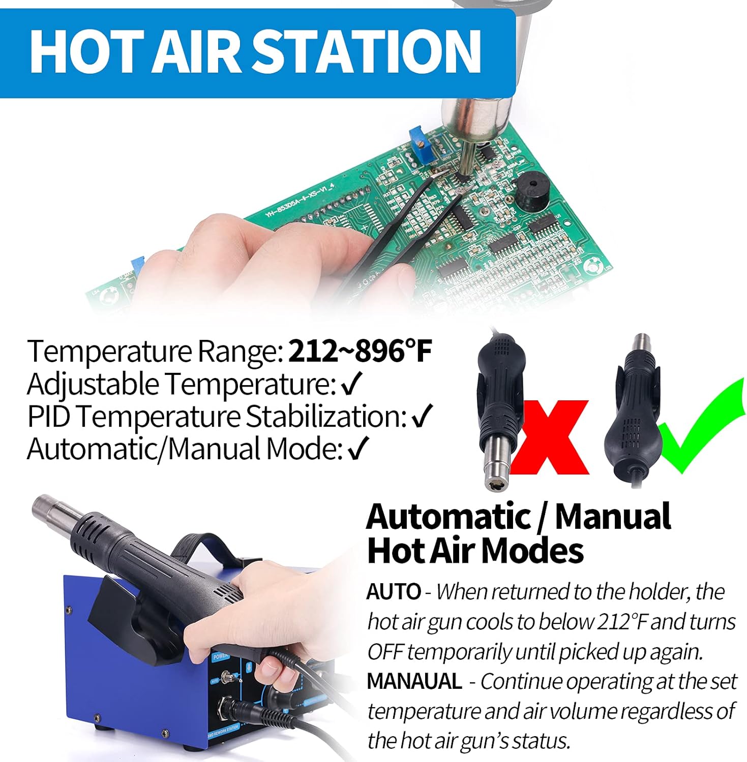 YIHUA 862BD+ SMD ESD Safe 2 in 1 Soldering Iron Hot Air Rework Station °F /°C with Multiple Functions - Image 4