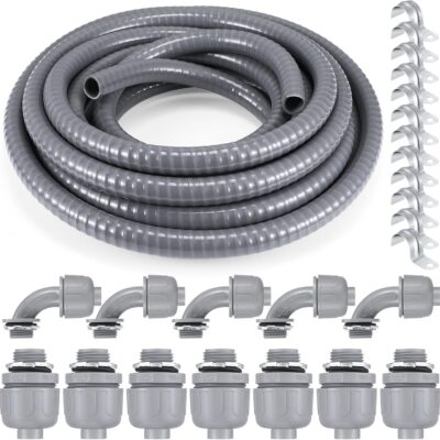 Hosuly 35 ft Electrical Liquid Tight Conduit and Connector Kit Flexible Non Metallic 1/2 Inch 35 ft Conduit 5 Angle and 7 Straight Fittings Conduit Straps