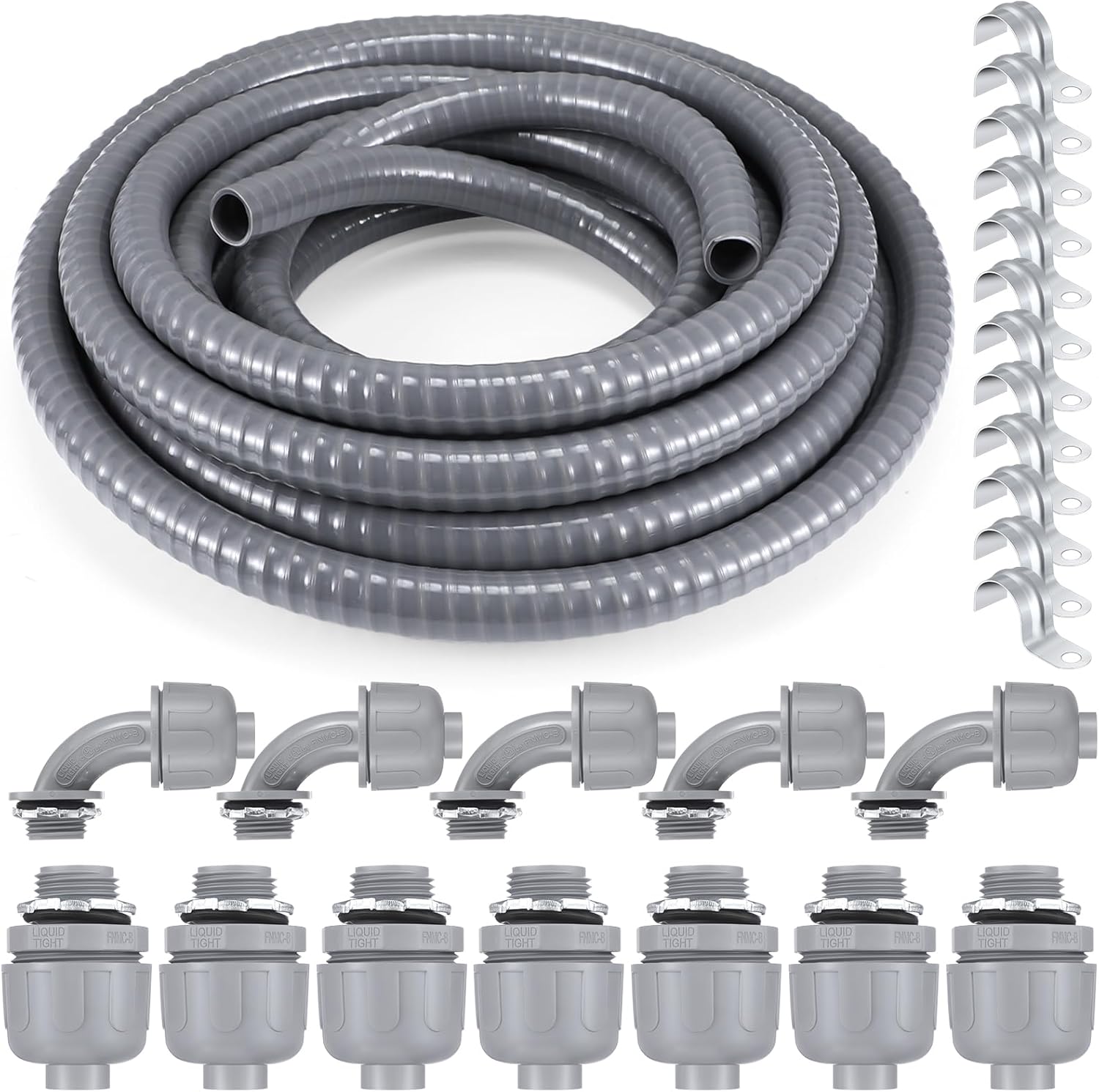 Hosuly 35 ft Electrical Liquid Tight Conduit and Connector Kit Flexible Non Metallic 1/2 Inch 35 ft Conduit 5 Angle and 7 Straight Fittings Conduit Straps