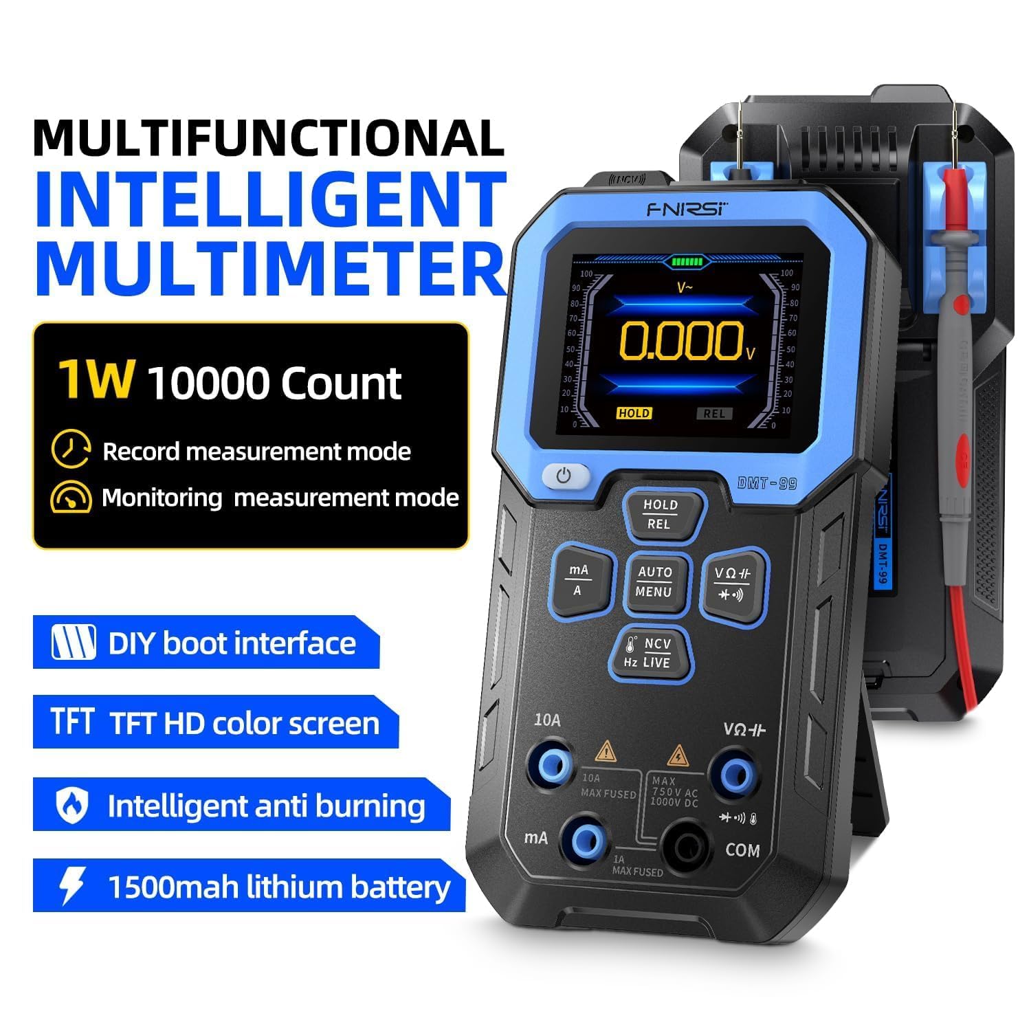 FNIRSI DMT-99 Digital Multimeter 9999 Counts TRMS, Rechargeable Auto-Ranging Volt Meter with Recording and Monitoring Data Mode, Resistance, Capacitance, Diode, Frequency, NCV, Current Voltage Tester - Image 2