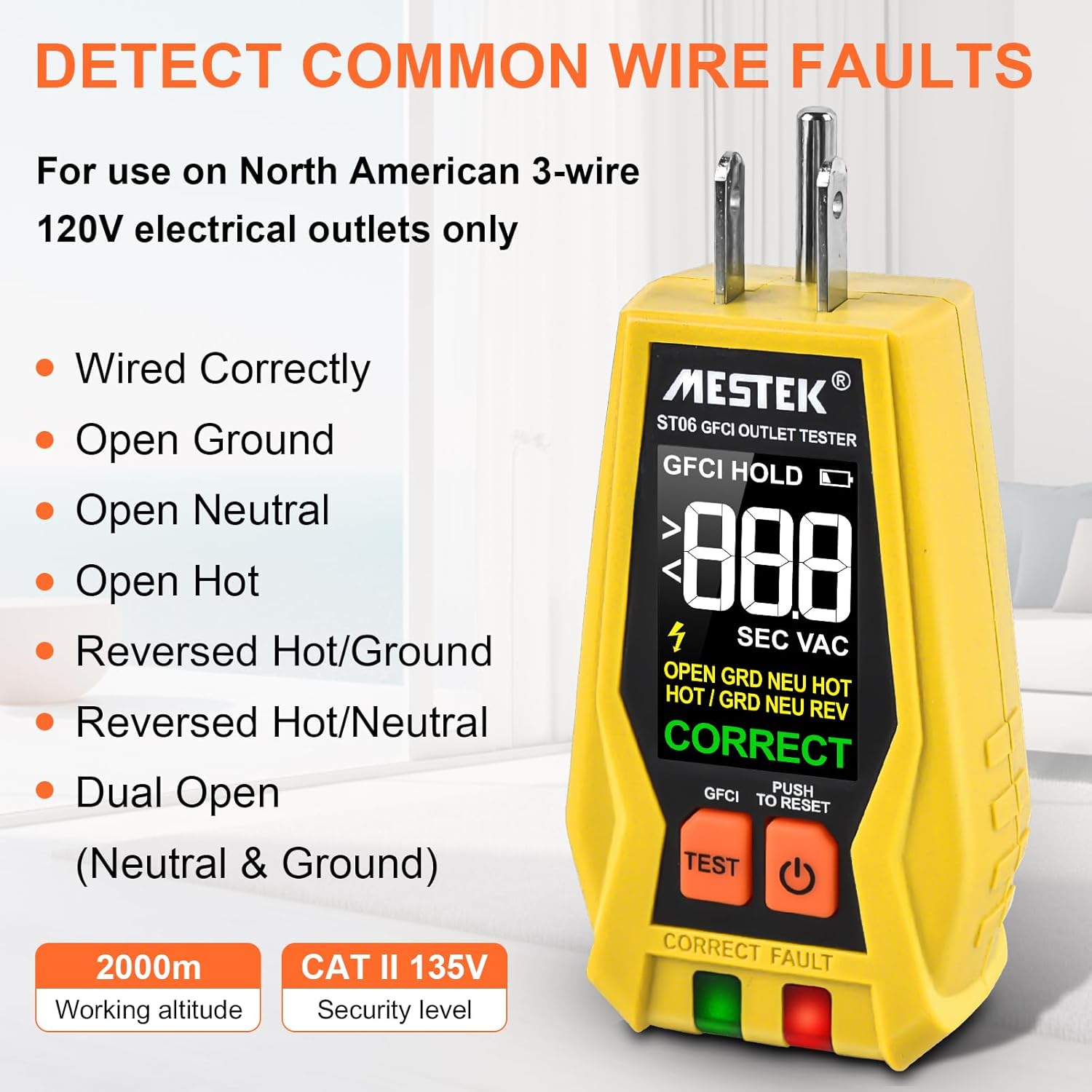 MESTEK GFCI Outlet Tester, Electrical Receptacle Tester with LCD Color Display, Digital Plug Tester Outlet Checker for Standard 3 Prong 120V Electrical Receptacles, CAT II 135V Safety Rating - Image 4