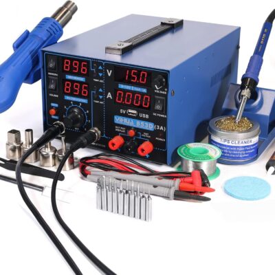 YIHUA 853D USB 3A-Three Tools- Soldering Station, Hot Air Rework Station and Power Supply 0~3A, 0-15V with output and test modes. Also ºC/°F display, Digital Cal, Sleep Function