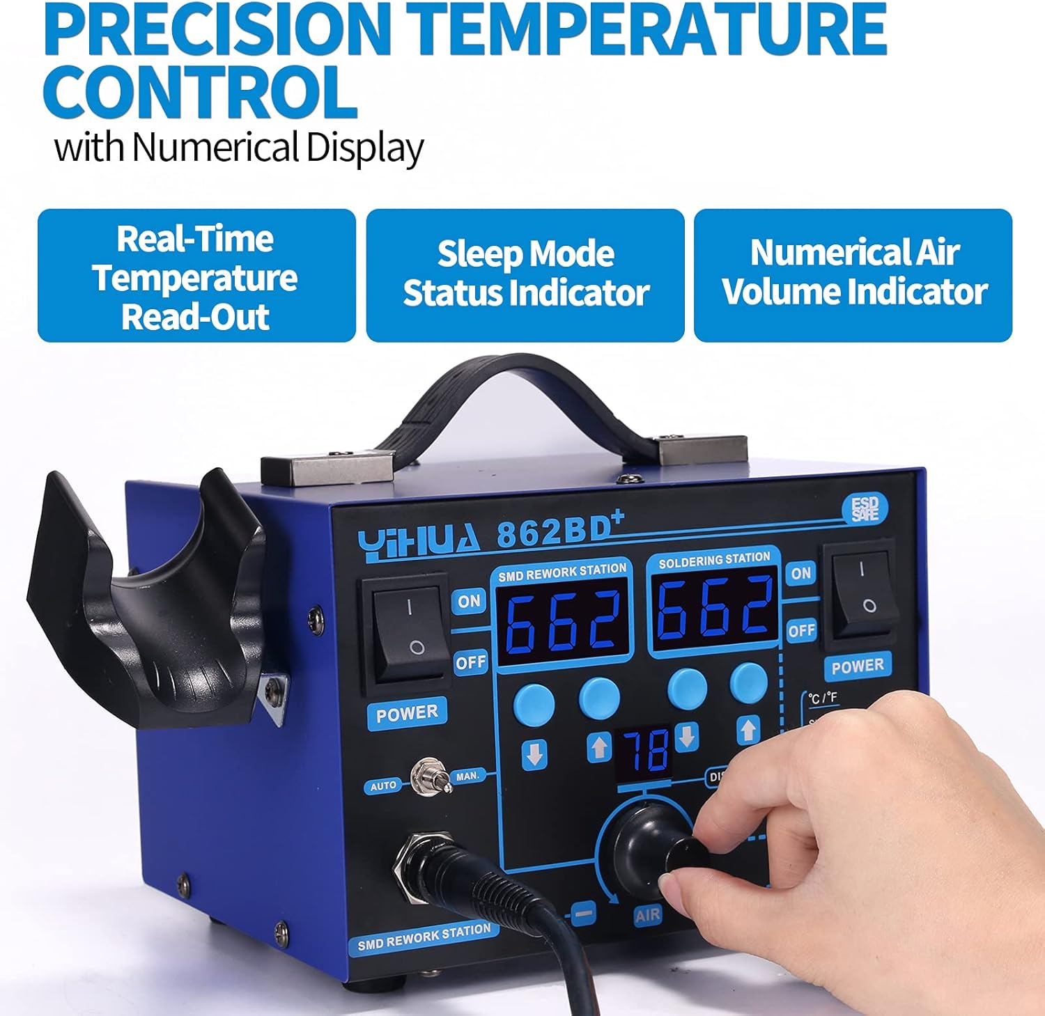 YIHUA 862BD+ SMD ESD Safe 2 in 1 Soldering Iron Hot Air Rework Station °F /°C with Multiple Functions - Image 2