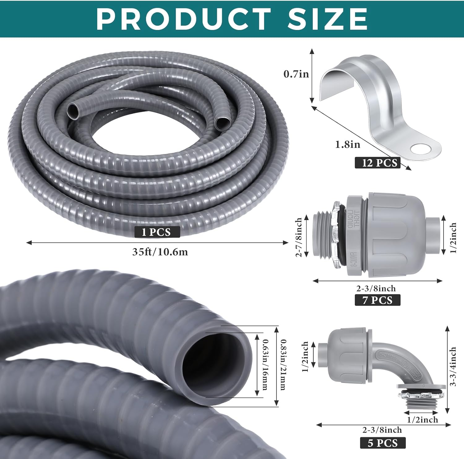 Hosuly 35 ft Electrical Liquid Tight Conduit and Connector Kit Flexible Non Metallic 1/2 Inch 35 ft Conduit 5 Angle and 7 Straight Fittings Conduit Straps - Image 2