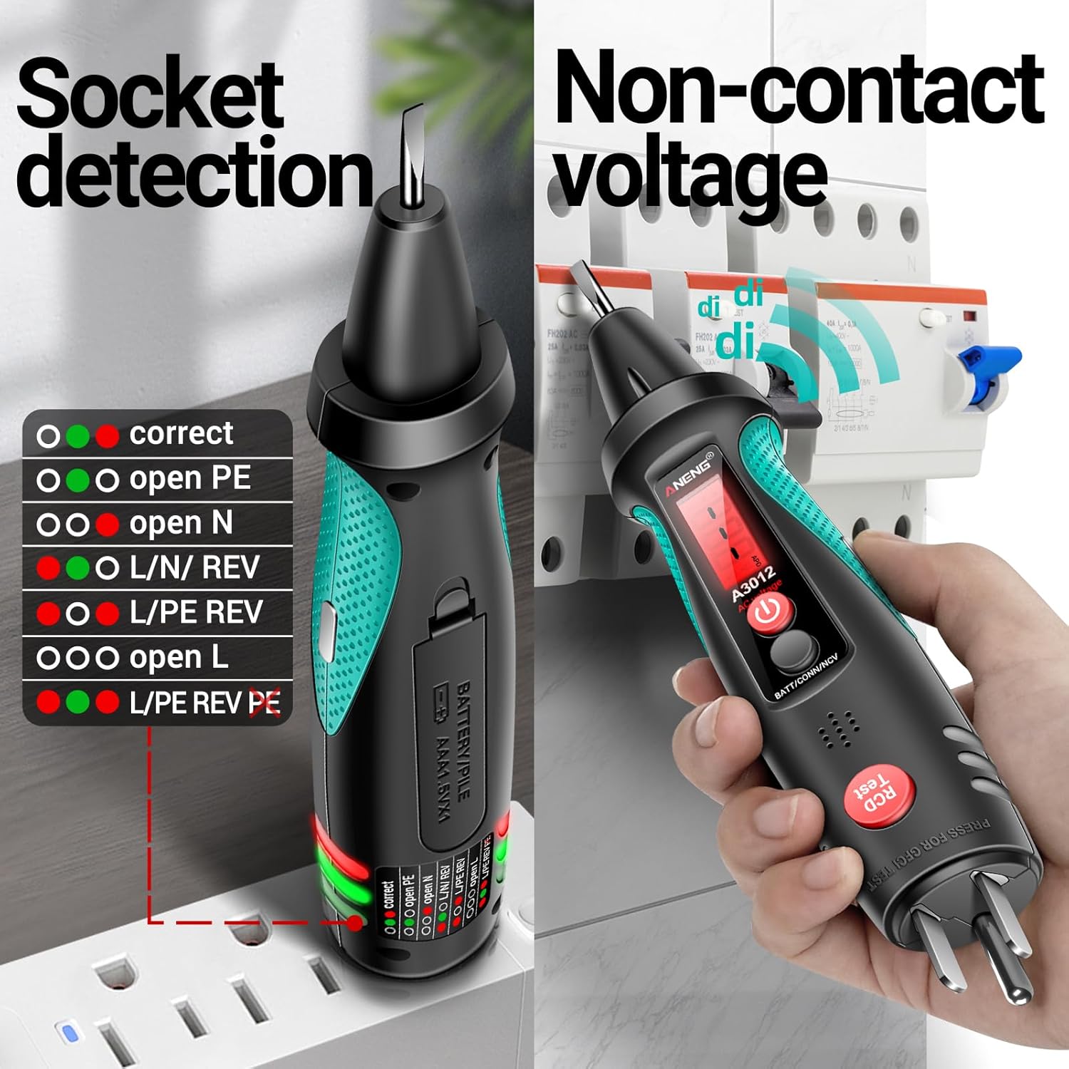 ANENG Non Contact Voltage Tester&Outlet Tester Receptacle Detector with Voltage LCD Display,Power Socket Checker Automatic Circuit Tester Polarity Voltage Test Wall Plug Electrical Tools - Image 3