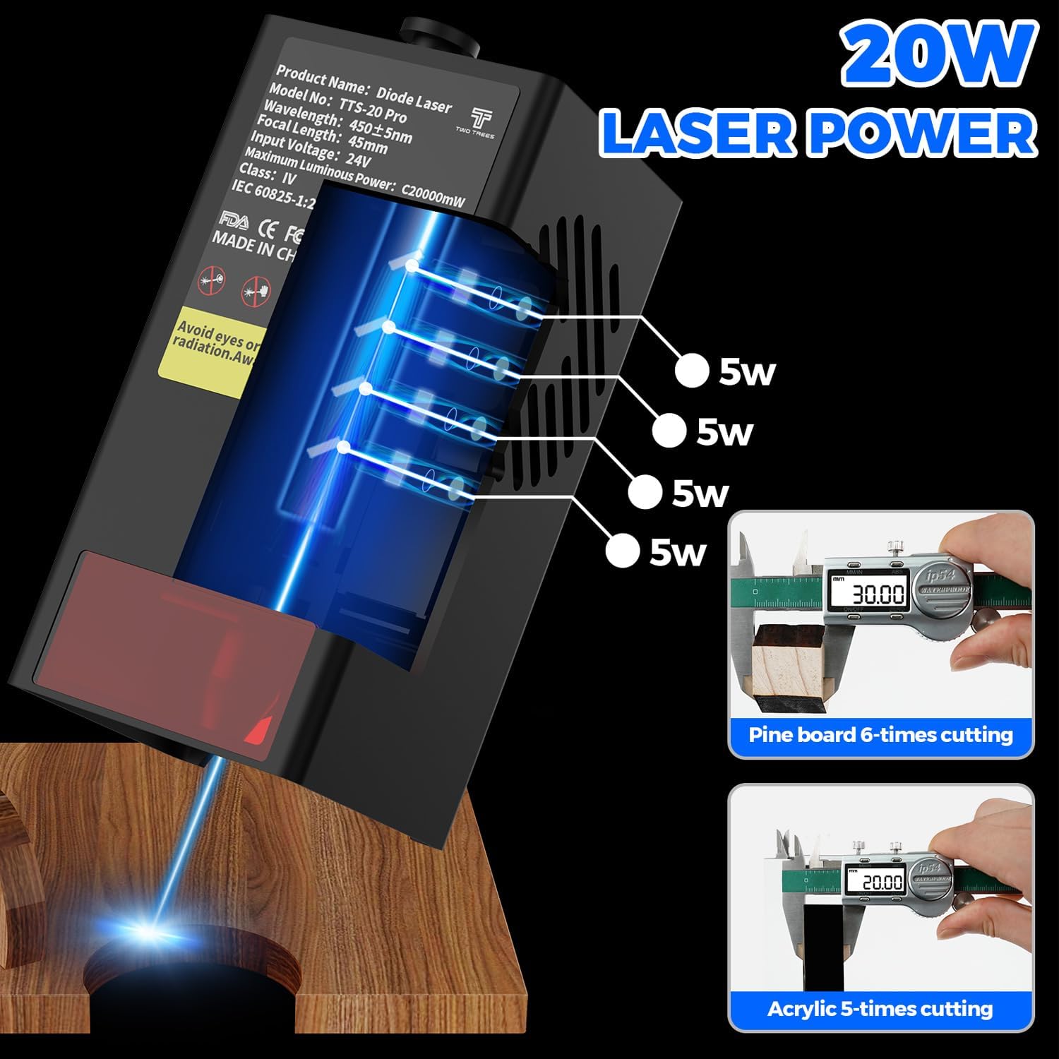 TTS-20 PRO 20000mW Laser Engraver Machine Laser Cutter Laser Cutting Engraving Tool Engraving Machine for Acrylic Wood Metal Aluminum Glass Leather 95% Pre-Installed - Image 2