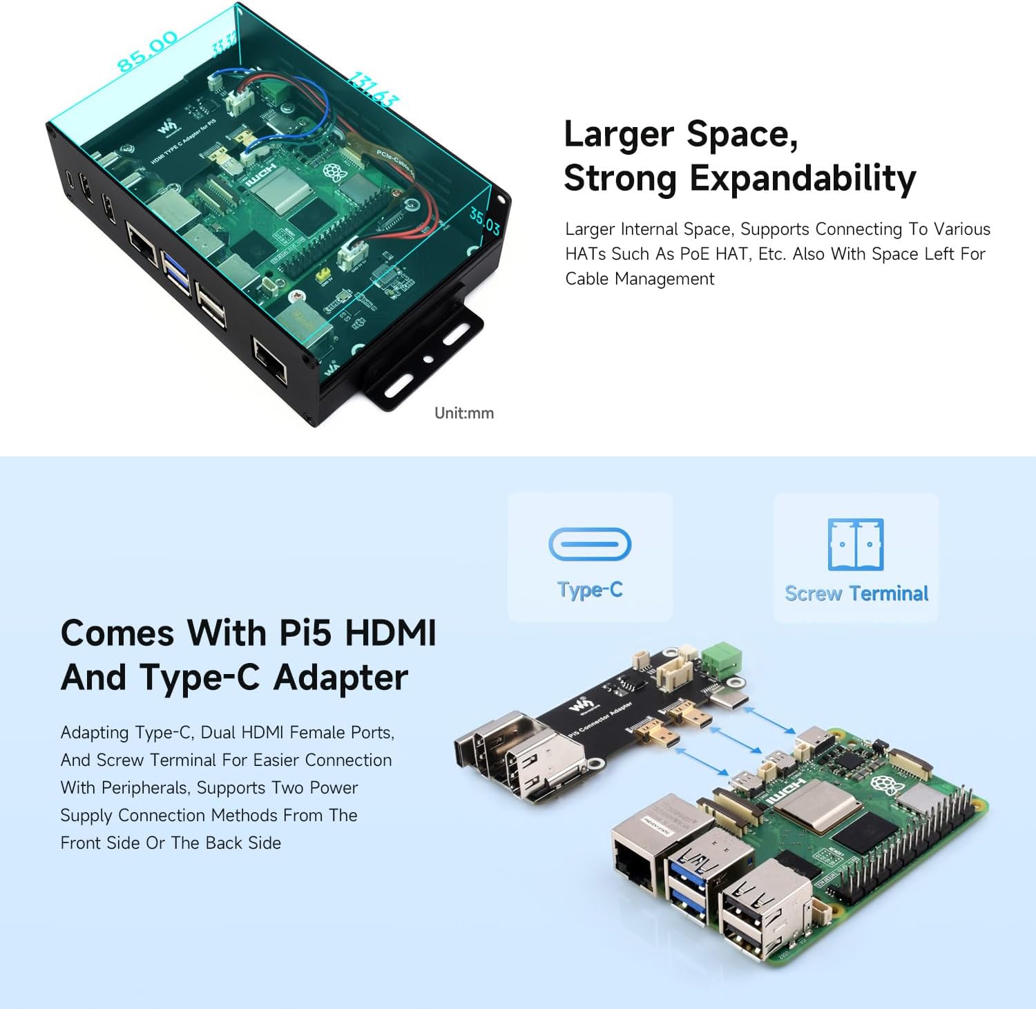 waveshare M.2 NVME PCIE Case for Raspberry Pi 5, with 2X HDMI Ports, Support 2X 4K Video Output/Efficient Cooling, Aluminum Alloy Case, with PCIe to M.2 Board, Support PCIe Extending to M.2 Interface - Image 5