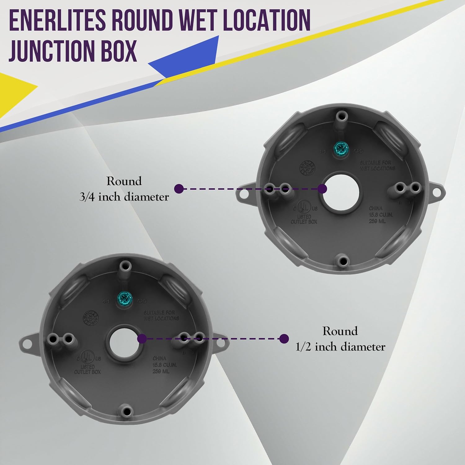 ENERLITES 4” Diameter Round Weatherproof Outlet Box with Five 3/4-in Threaded Outlets, Round Outdoor Electrical Box, 5 Holes 0.75” Each, 2-Gang, 5.4” Height x 4.05” Length x 1.57” Depth, EN4575 Grey - Image 5