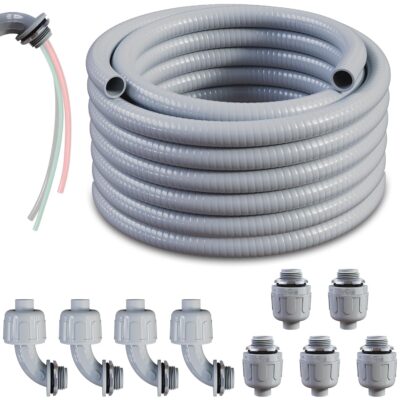 3/4" Dia Liquid Tight Conduit 50 FT,Flexible Non-Metallic PVC Conduit 3/4 Waterproof Electrical Conduit,PVC Electrical Flexible Conduit with 5 Straight and 4 Angle Fittings