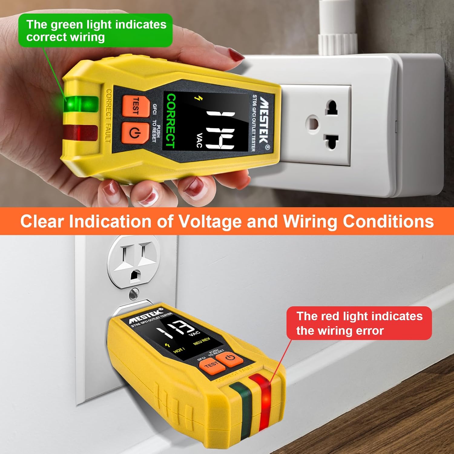 MESTEK GFCI Outlet Tester, Electrical Receptacle Tester with LCD Color Display, Digital Plug Tester Outlet Checker for Standard 3 Prong 120V Electrical Receptacles, CAT II 135V Safety Rating - Image 5