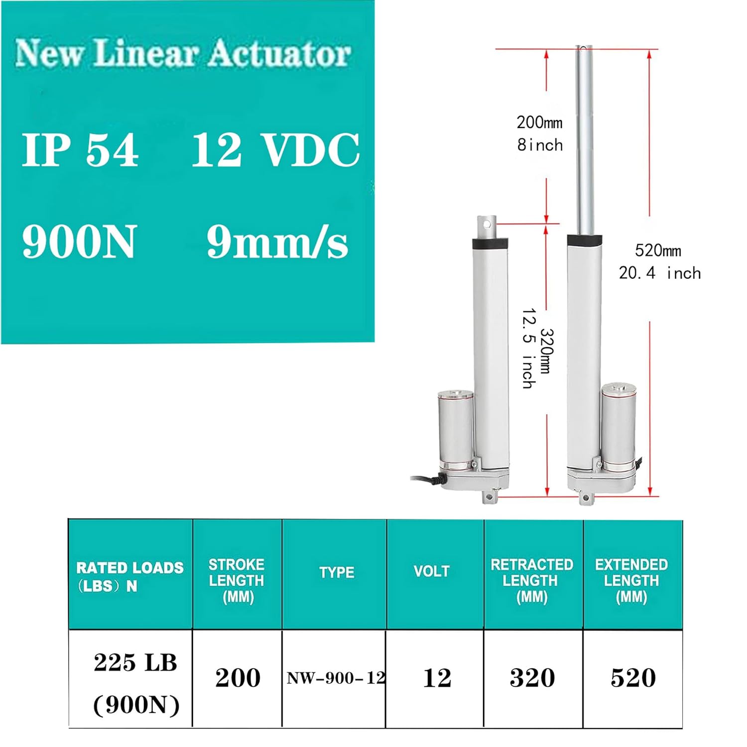 AWINLI 8 Inch Linear Actuator,Heavy Duty 202Lbs (900N) High Speed 9mm/s DC 12V Actuator Motor with Reverse Remote Pole Switch and Mounting Bracket,Linear Actuator for Solar Trackers,Industrial(200mm) - Image 3