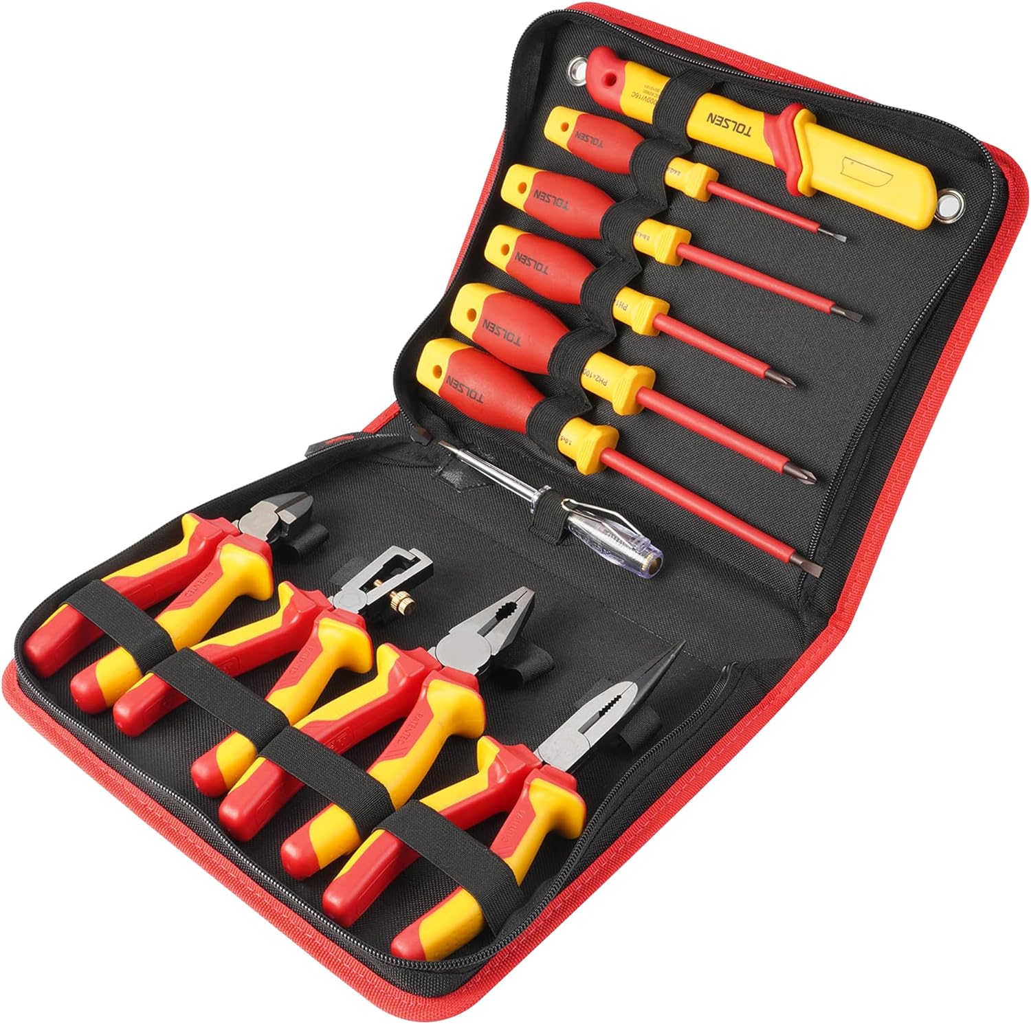TOLSEN 11-Piece VDE Insulated Set, 1000V Insulated Electrician Tool Set, with Insulated Phillips and Slotted Screwdrivers, Insulated Pliers, and Wire Stripper