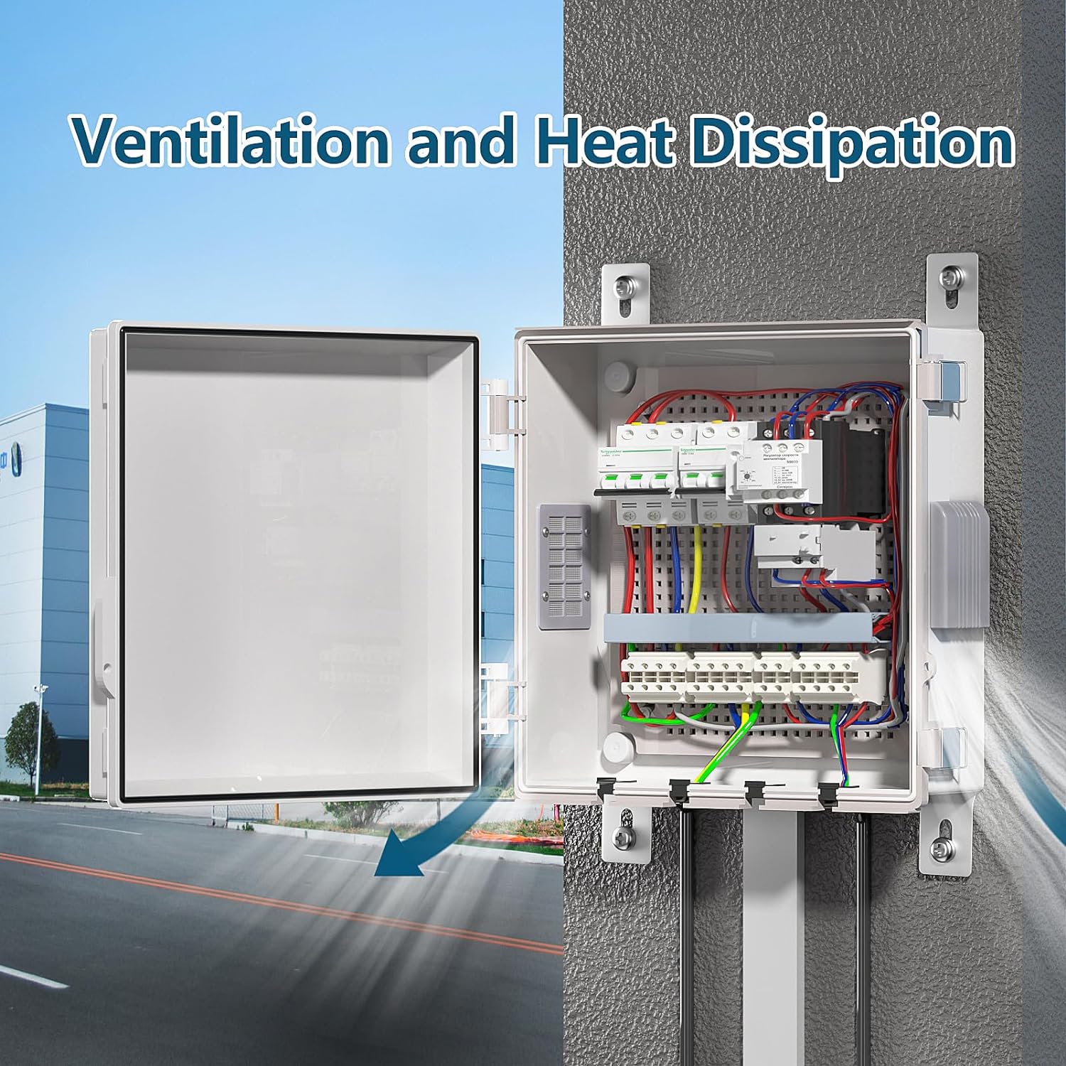 Electrical Junction Box, Ventilated Design, Cable Grommets, Indoor/Outdoor Use with Mounting Panel & Hinged Cover. Waterproof IP 65. (Grey Cover, 13"x13"x5.1") - Image 2