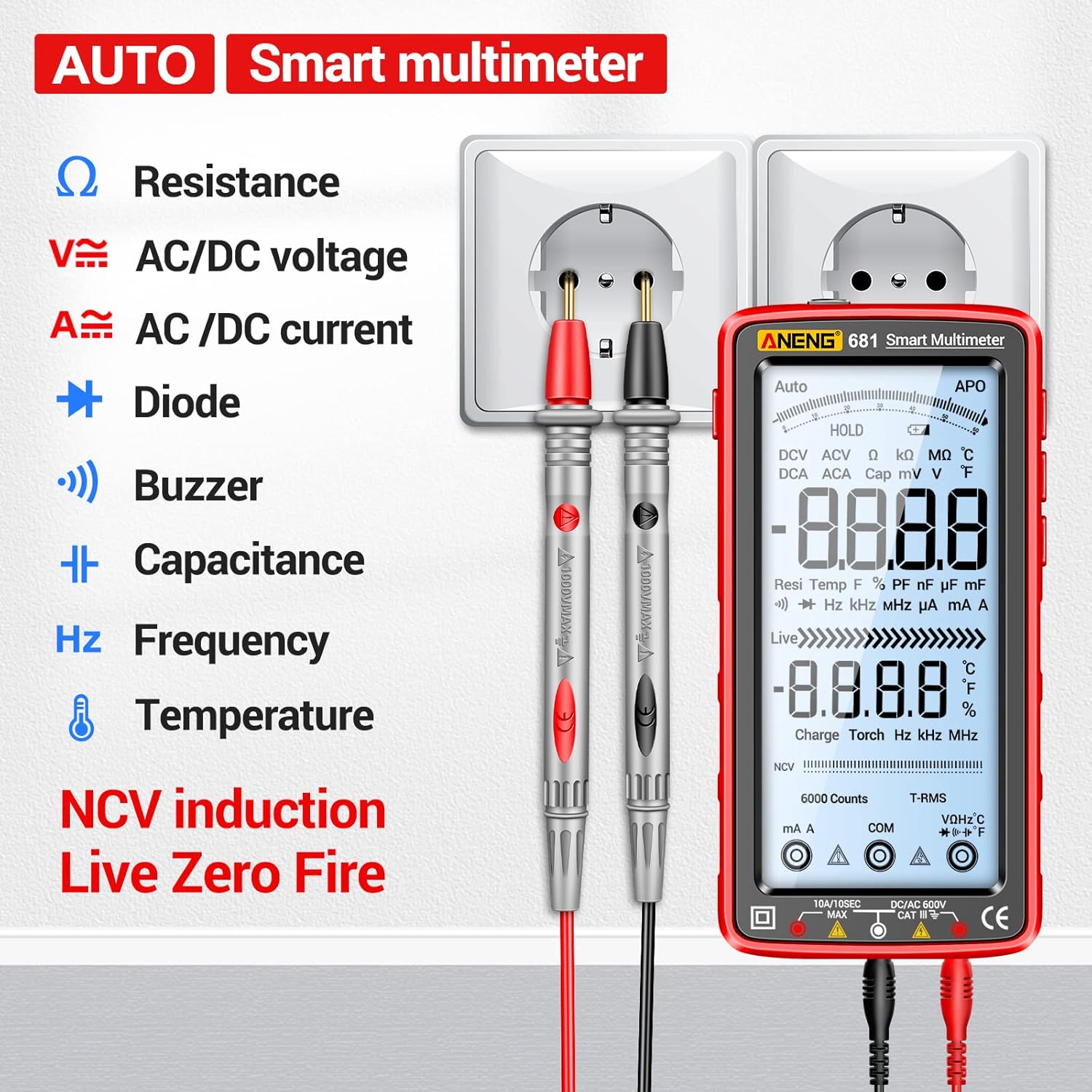 ANENG Digital Multimeter Tester Auto-Ranging TRMS 6000 Counts Voltmeter Smart Rechargeable Meter Measures AC/DC Current,NCV,Voltage,Ohm,Amp,Resistance,Diodes,Countinuity,Capacitance,Temperature - Image 2