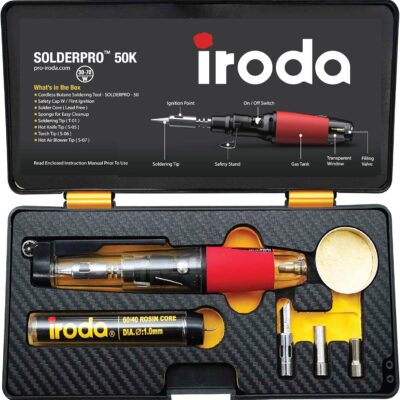 IRODA SOLDERPRO 50K Butane Soldering Iron Kit | 4-in-1 30-70W Heat Gun | Mini Torch | Cordless Portable Butane Soldering Kit Rapid Heat Up (Taiwan Made)