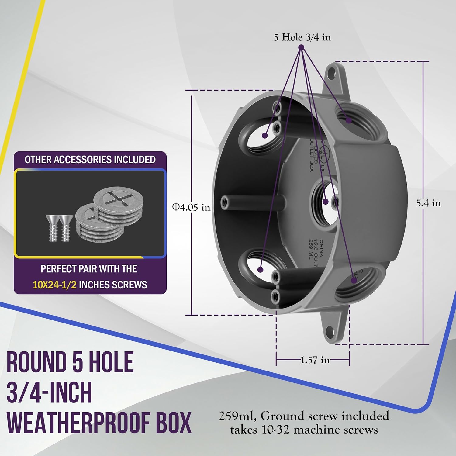 ENERLITES 4” Diameter Round Weatherproof Outlet Box with Five 3/4-in Threaded Outlets, Round Outdoor Electrical Box, 5 Holes 0.75” Each, 2-Gang, 5.4” Height x 4.05” Length x 1.57” Depth, EN4575 Grey - Image 2