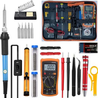Electric Soldering Iron, 60W Adjustable Temperature, 110V, with Digital Multimeter, 5 Soldering Tips, Desoldering Pump, Stand, Solder Wire, Carry Bag