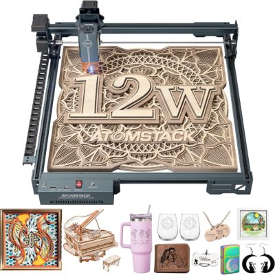 ATOMSTACK 12W Laser Engraver, A10 PRO V2 Laser Cutter, 0.06mm High Accuracy Laser Engraving Machine for Wood and Metal, Dark Acrylic, Glass, Leather, Engraving Area 15.7 "x15.7"