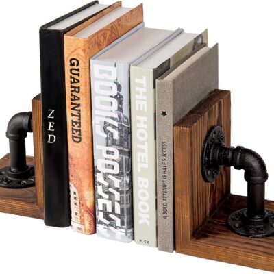 MyGift Bookend - Rustic Brown Wood, 2-Piece, L-Shaped Stand with Industrial Pipe Design, Decorative Office Shelf Decor