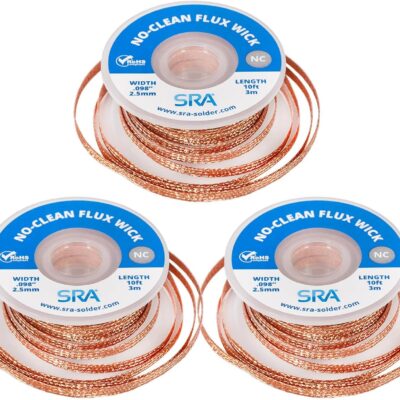 SRA Soldering Wick with Flat Woven Copper Desoldering Braid Strip and No Clean Flux for Easy Damage-Free Solder Removal - 3 Pack 10 Foot Solder Wick Spool
